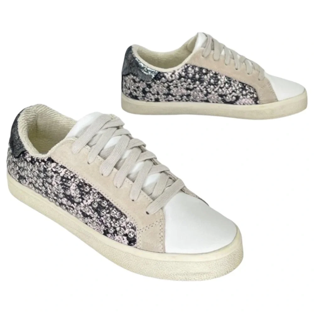 AQUA Womens Sneakers 10M Tess Grey Snake Print Leather Silver Studded